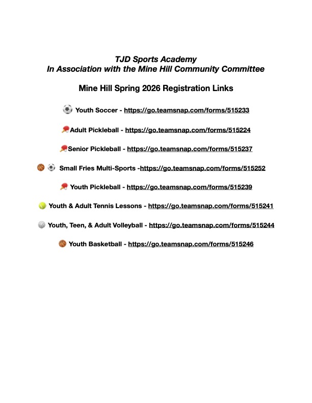 Mine Hill Spring 2026 Registration Links